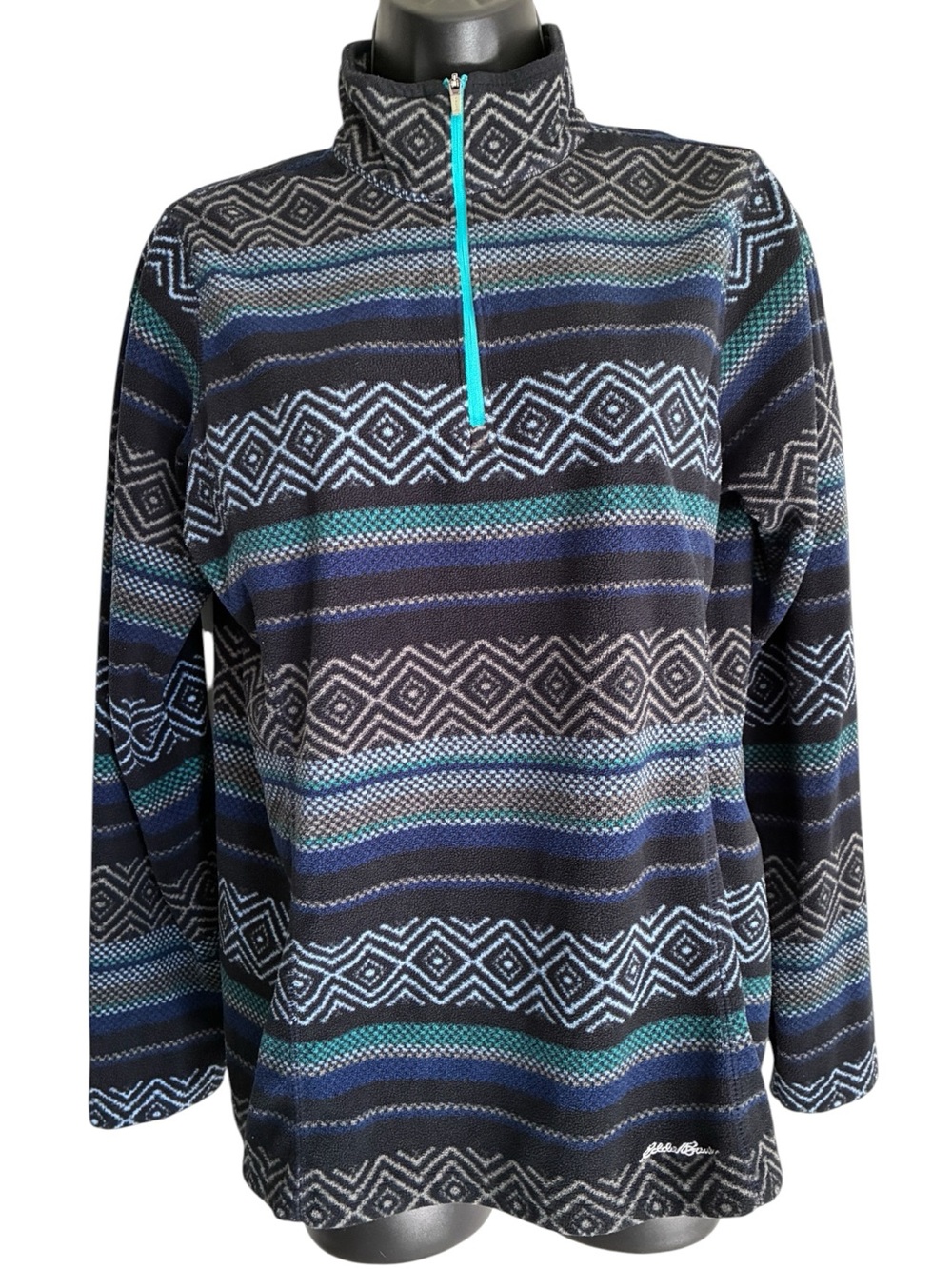 Eddie Bauer Blue Black Aztec Print Geometric Quarter-Zip Activewear Fleece Sz M